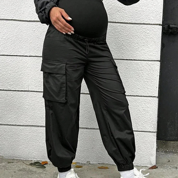 Black Casual Womens Maternity Flap Pocket Side Adjustable Waist Cargo Pants - Picture 6 of 6